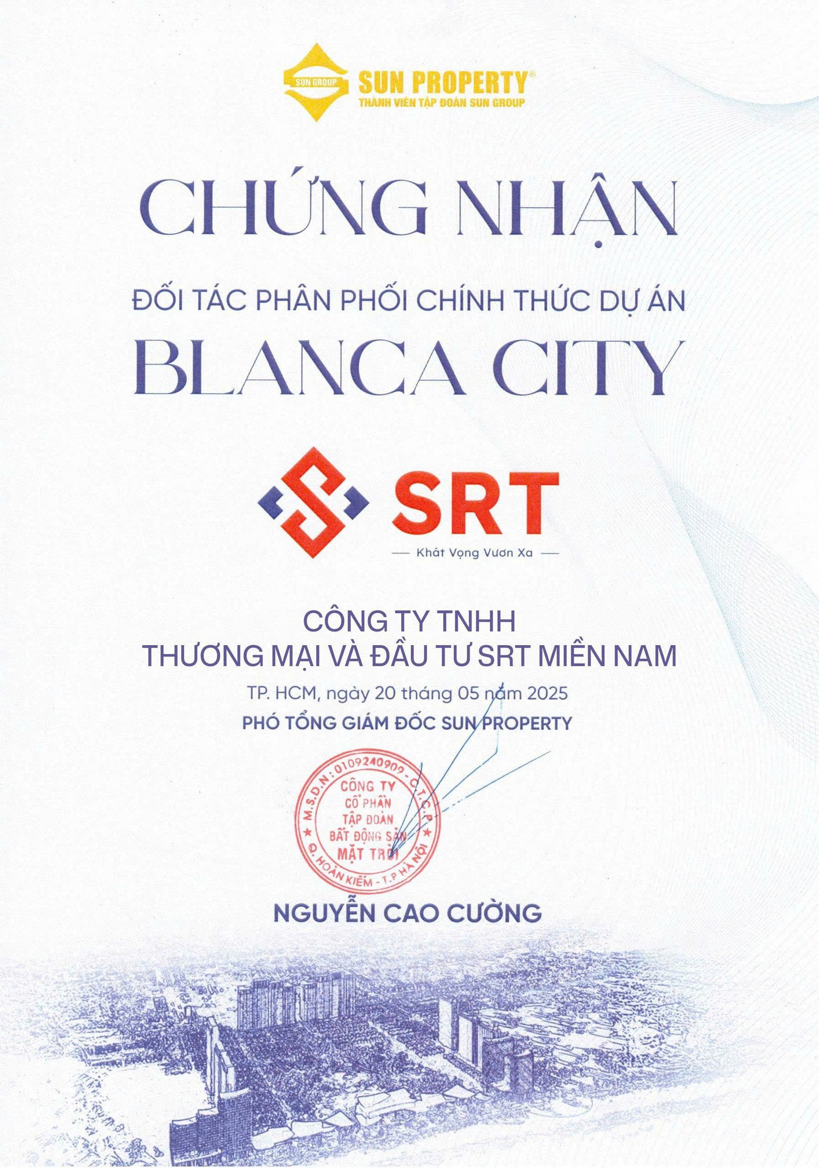 Giấy chứng nhận phân phối dự án Blanca City